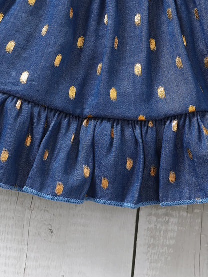 Golden Bloom – Baby Girl Blue Slip Dress with Gold Dots and Matching Headband Set